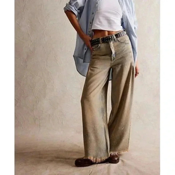NWT Free People Old West Slouchy Jeans Wide Leg Denim We The Free Blue Tan 28 - Picture 1 of 17
